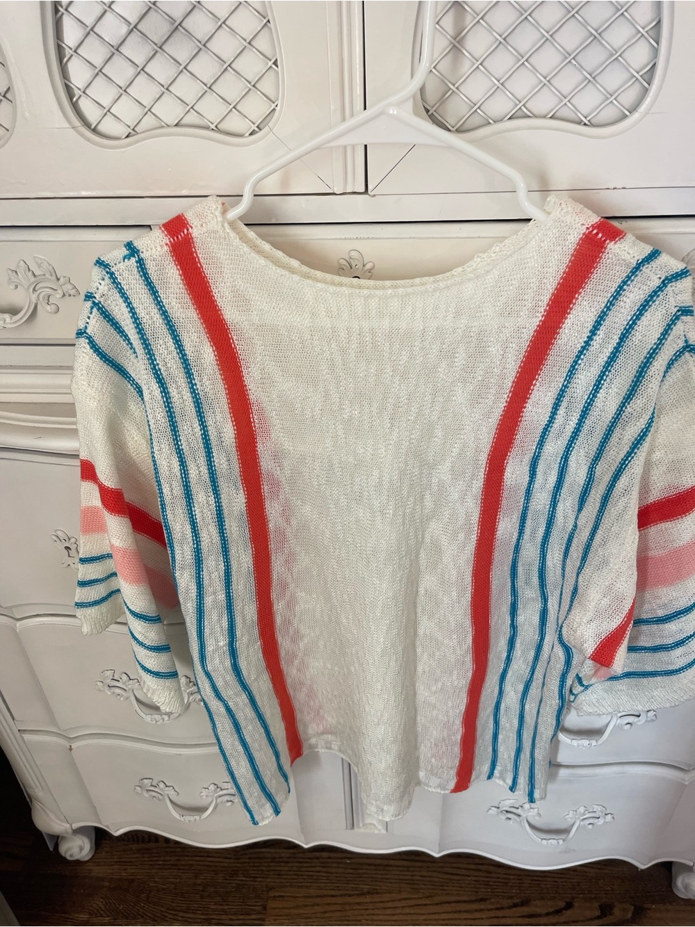 White Striped Short-Sleeve Knit Sweater with Coral and Teal Accents